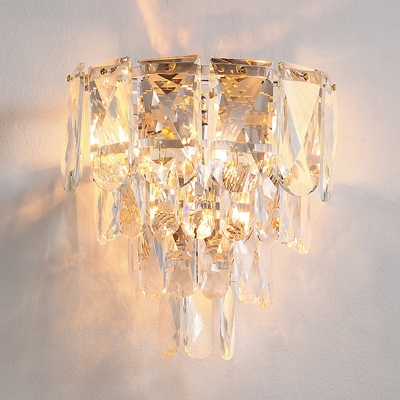 Mid-Century Tiered Tapered Wall Lamp Clear Cut K9 Crystal 3-Bulb Living Room Flush Wall Sconce in Rose Gold