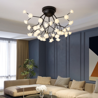 Modern Stylish Round/Flower Flush Light Acrylic/Frosted Glass 27/36-Bulb Living Room Firefly Ceiling Mount Lamp in Black/Gold