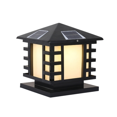 Opaque Glass House-Shape Gate Light Farmhouse Outdoor LED Solar Post Lamp in Black, 10