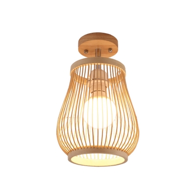 Pear/Fringe/Globe Corridor Flush Light Bamboo 1-Light Asian Semi Flush Mount Ceiling Light in Wood