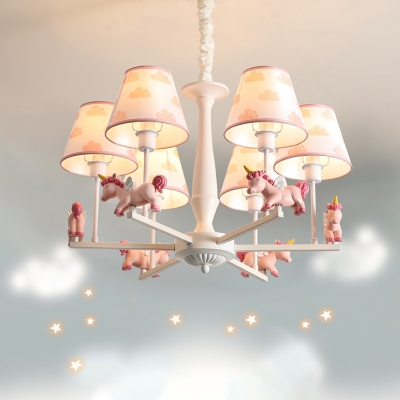 Pink Merry-Go-Round Chandelier Kids 3/5/6 Heads Resin Pendant Lamp with Tapered Fabric Shade