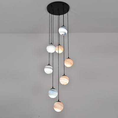 Planet Multi Pendant Light Fixture Nordic Stained Glass 8/12 Heads Loft House Ceiling Suspension Lamp in Black
