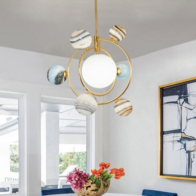 Postmodern Planet Chandelier Stained Glass 7/13 Lights Living Room Cord-Hang/Downrod Pendant Lamp in Gold