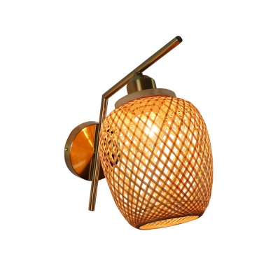 Round/Bowl/Tulip Wall Light Fixture Asian Bamboo 1 Head Bedside Wall Sconce Lighting in Wood