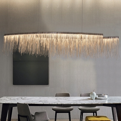 Silver Tassel Fringe Island Pendant Postmodern Metal Linear LED Hanging Lamp in Warm/White Light, 39