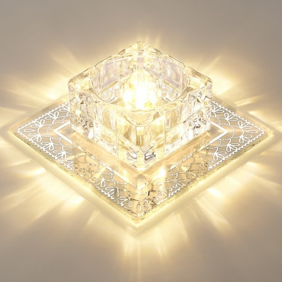Small/Large Square Hotel Ceiling Lighting Clear Crystal Minimalist LED Flush Mount Lamp in Warm/White/Multi-Color Light
