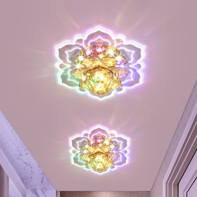 Stylish Modern Blooming Lotus Flushmount Crystal Passageway Surface Mounted LED Ceiling Light in Chrome, Warm/Pink/Blue Light