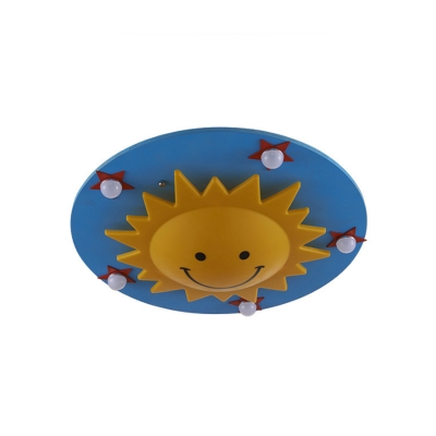 Sun Shaped Baby Room Ceiling Fixture Wood 6 Bulbs Cartoon Flush Mount Lighting in Blue and Yellow
