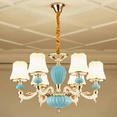 Tapered Opal Frosted Glass Chandelier Contemporary 6/8/15 Lights Bedroom Ceiling Pendant in Light Blue