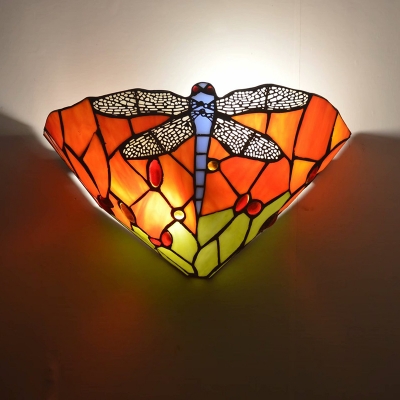 Tiffany Conical Flush Wall Sconce 2-Light Orange/Blue Glass Wall Mount Lamp with Dragonfly Pattern
