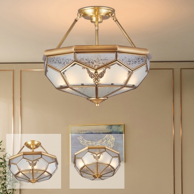 Traditional Bowl Flush Mount Lighting 3/4/6-Head Frost Glass Panes Flushmount/Downrod Ceiling Light in Gold