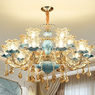 Traditional Layered Flower Ceiling Pendant 8/10/18 Heads Hand-Blown Clear Glass Chandelier in Gold