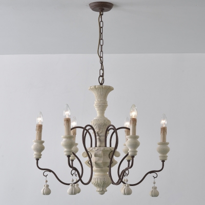White Candelabra Chandelier Rustic Wood 3/6/8-Light Living Room Ceiling Suspension Lamp