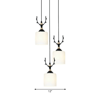 White Glass Cylinder Multi-Light Pendant Nordic 3/6 Lights Bedroom Suspension Lamp with/without Antler Decor