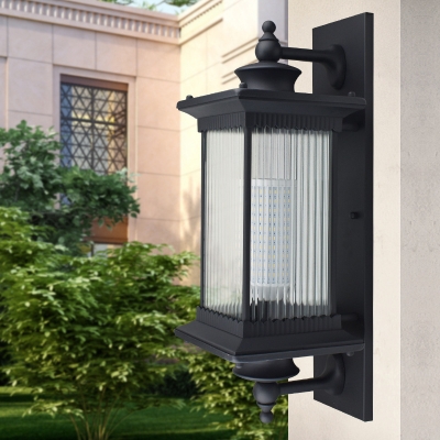 1-Light Lantern Wall Sconce Retro Rectangle Clear Rib Glass Wall Mount Lamp in Black/Coffee/Bronze