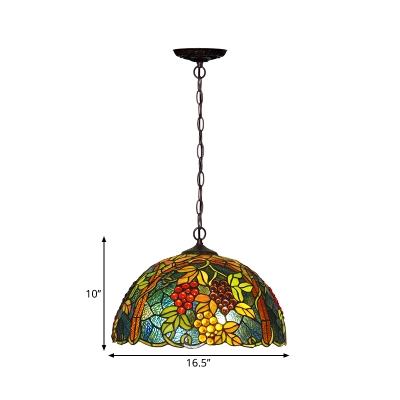 2-Bulb Dome Pendant Chandelier Tiffany Green Stained Glass Hanging Light with Grape and Vine Pattern