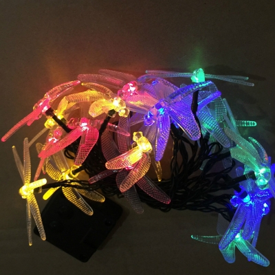21.3ft 30-Head Garden Festive Light Artistic Black Solar LED Light String with Dragonfly Plastic Shade, Warm/White/Multi-Color Light