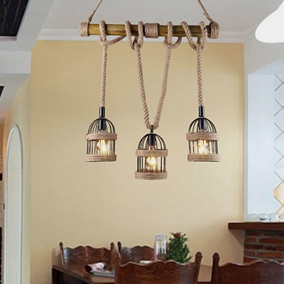 3 Heads Rope Island Light Rustic Black Birdcage Dining Room Suspension Pendant Light with Bamboo Pole