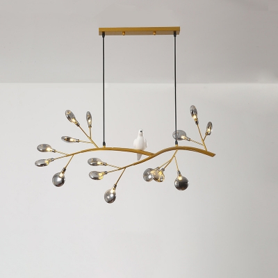 Acrylic Tree Branch Island Lamp Nordic 15 Lights Black/Gold Hanging Light Fixture with Bird Decoration