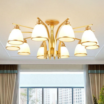 Black/Gold Bell Semi Flush Light Traditional Ivory Glass 3/8/10-Bulb Living Room Ceiling Mount Chandelier