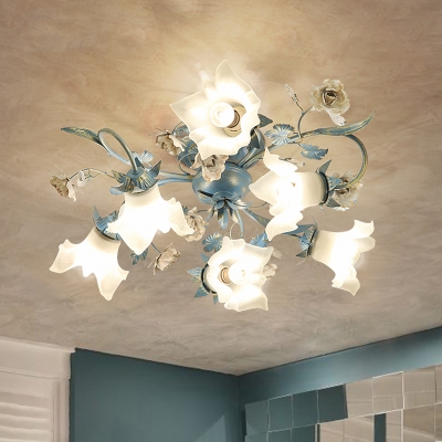 Blossoming Dining Room Ceiling Lamp Pastoral Cream Glass 6/8 Lights Blue Semi Flush Mount Fixture