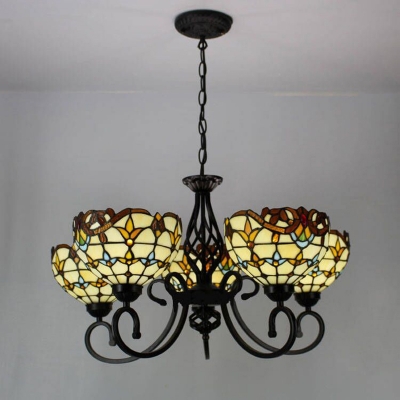 Bowl Up Pendant Light Fixture Baroque Stained Glass 5-Light Beige Chandelier Lamp