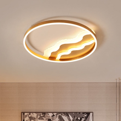 Circle Aluminum Ceiling Flush Mount Light Modern Gold Finish Small/Large LED Flushmount with Mountain Design, Warm/White Light