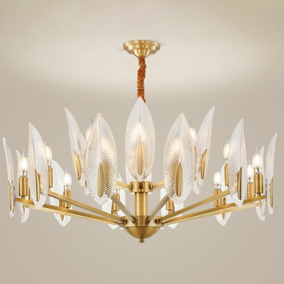 Clear Crystal Foliage Chandelier Lamp Contemporary 6/8/10 Bulbs Dining Room Pendant Light in Brass