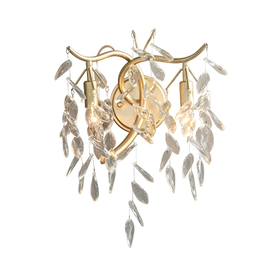 Crystal Foliage Wall Light Fixture Traditional 2 Bulbs Living Room Wall Mounted Lamp in Brass