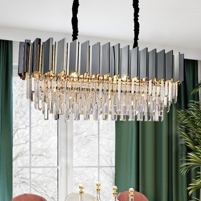 Crystal Tiered Rectangle Island Pendant Modern 8/10 Bulbs Black Hanging Lamp for Dining Room, 10