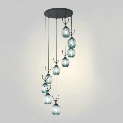 Dimpled Cup Suspension Pendant Modern Gradient Blue/Cognac Glass 9-Light Living Room Multi Hanging Lamp
