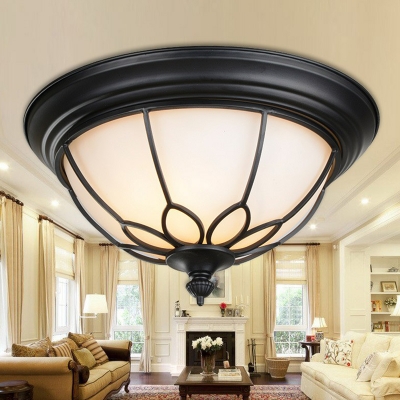 Dome Foyer Ceiling Lighting Classic Opal Glass 2-Light Black Small/Medium/Large Flush Mount Fixture with Floral Frame