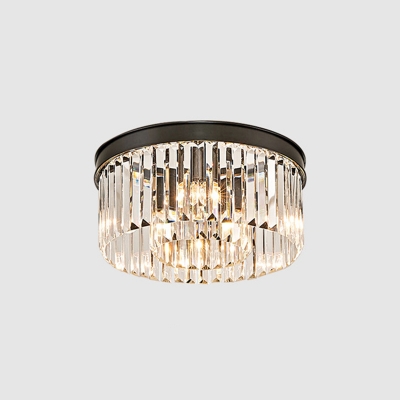 Drum Shaped Corridor Ceiling Lamp Crystal Prism 4/8/16-Bulb Postmodern Flush Light Fixture in Black/Gold
