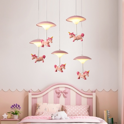 Flying Horse Kids Bedroom Cluster Pendant Resin 1/3/5-Bulb Cartoon Hanging Light Fixture in Pink