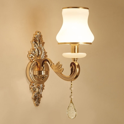 Frosted Glass Floral/Flared Wall Lamp Traditional 1/2-Light Living Room Wall Mounted Light in Gold with Crystal Drop