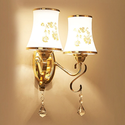 Gold 1/2-Bulb Wall Light Kit Traditional Carved/White Glass Tapered/Flower Wall Lamp Fixture with Crystal Accent