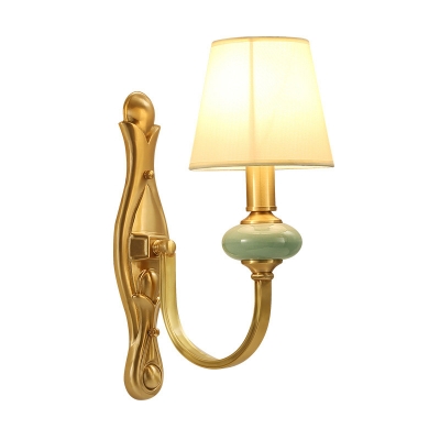Gold Arc Arm Wall Lamp Traditional Metal Single Living Room Wall Mount Light with Cone Fabric Shade
