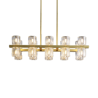Gold Cylindrical Suspension Light Postmodern Crystal 10/20-Bulb Dining Room Island Pendant Light
