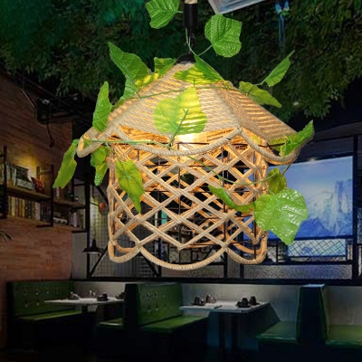 House Shaped Bistro Plant Pendant Lighting Countryside Rope 1 Bulb Beige Ceiling Light with Scalloped Edge