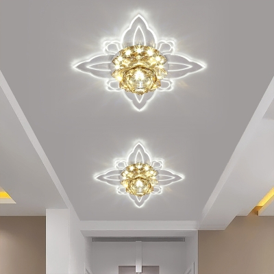 Lotus Blossom Hallway Ceiling Light Clear Crystal Modernist LED Flush Mount Recessed Lighting in Blue/Pink/Warm Light