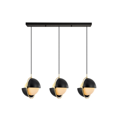 Metal Mobile Shade Cluster Pendant Postmodern 3-Bulb Black/Brass Hanging Light with Ball Milk Glass Shade, Round/Linear Canopy