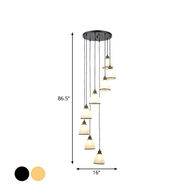Metal Spiral Cluster Pendant Lamp Modern 6/8/12-Head Black/Gold Hanging Light with Bell White Glass Shade