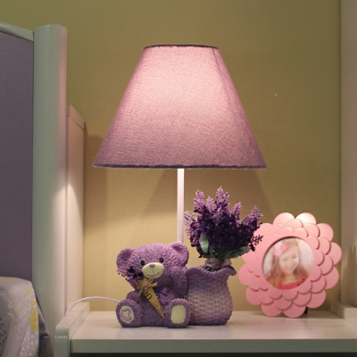 Purple Empire Shade Table Lamp Kids 1 Bulb Fabric Nightstand Light with Bear and Lavender Base