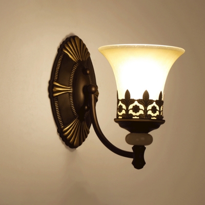 Retro Flared Shade Wall Lighting 1/2-Light Opal Frosted Glass Wall Mount Lamp in Dark Brown