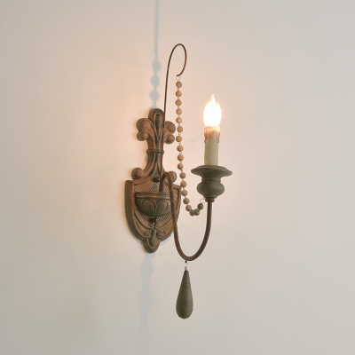 Rust Candle Wall Mount Light Farmhouse Wood 1/2-Head Wall Lighting Ideas with Beaded Strand and Curved Arm