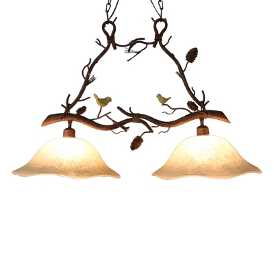 Scalloped Dining Room Island Light Rural Fabric/Frost Glass 2-Light Brown Drop Lamp with Pine Branch and Bird Deco