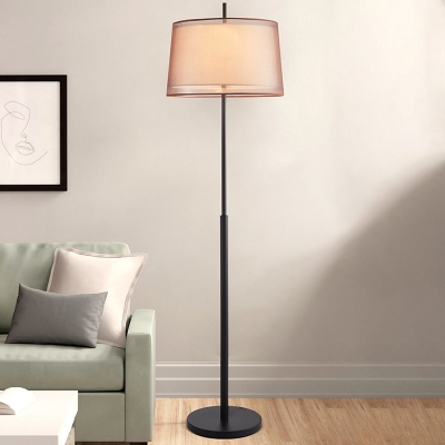Single 2-Layered Drum Floor Lighting Simplicity Black/Nickel Fabric Stand Up Lamp for Living Room