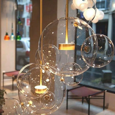 Stylish Modern Bubble Pendant Light Clear Glass 5 Heads Living Room Ceiling Hang Lamp in Brass
