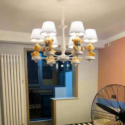 Tapered Fabric Hanging Light Fixture Cartoon 3/5/6 Bulbs White Chandelier with Yellow Bear Deco