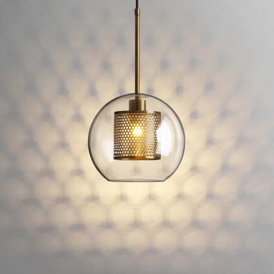 Transparent Glass Sphere Pendant Postmodern 1 Bulb Bronze/Silver Grey Small/Large Ceiling Light with Mesh Cage Inside